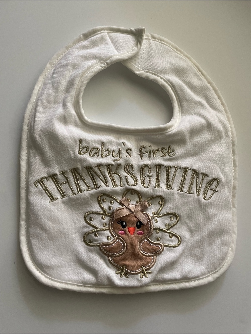 Baby's First Thanksgiving Embroidered Turkey Bib - White and Brown